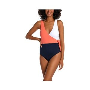 Colorblock One Piece Swimsuit Tie Wrap White Coral Navy‎ Blue Bathing Suit